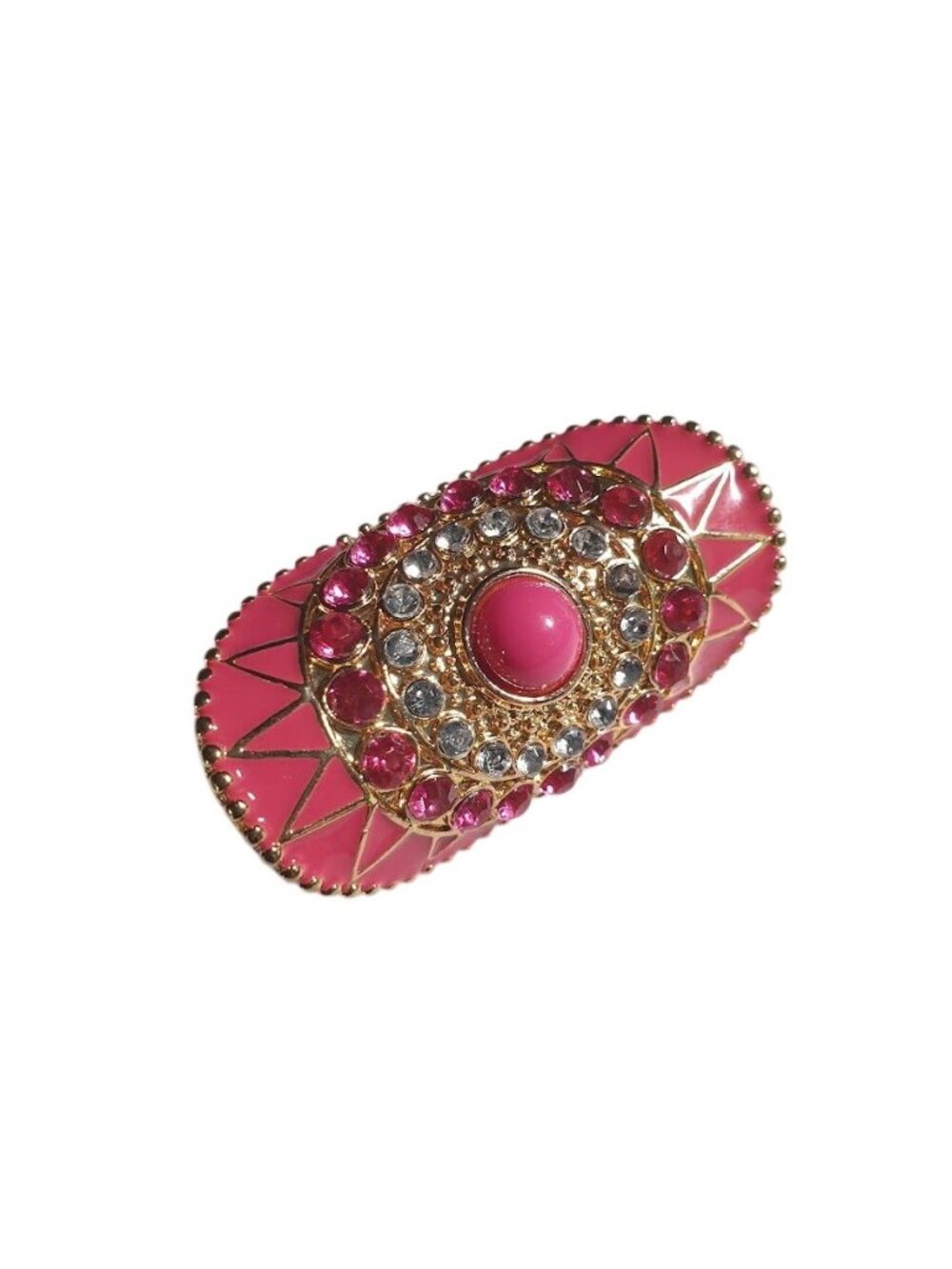 Gold Tone Pink Enamel Gemstone Knuckle Ring Adjustable Rhinestone Oval Shape